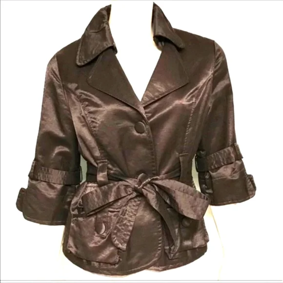 🤎 Impeccable Vintage Satin Deep Dark Rich Chocolate Brown Tie Jacket - M - Picture 1 of 9